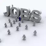 3D-illustratie van het woord "Jobs" met mensen eromheen