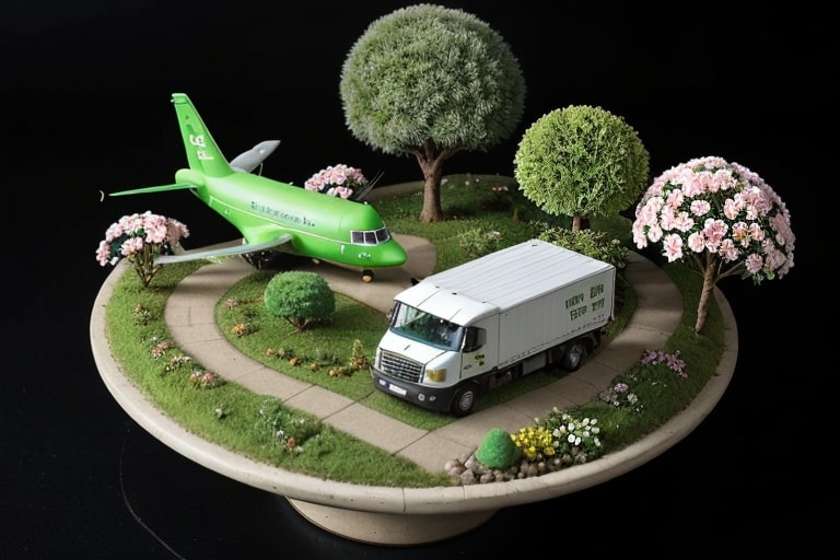Miniatuurdiorama met groen vliegtuig en vrachtwagen op duurzaam ingericht landschap